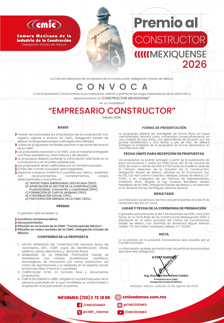 CMIC, lanza convocatoria al Premio al Constructor Mexiquense 2026. 2 PCM Empresario Constructor 2026