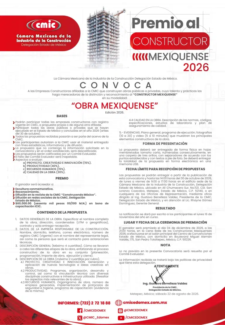 CMIC, lanza convocatoria al Premio al Constructor Mexiquense 2026. 1 PCM Obra Mexiquense 2026